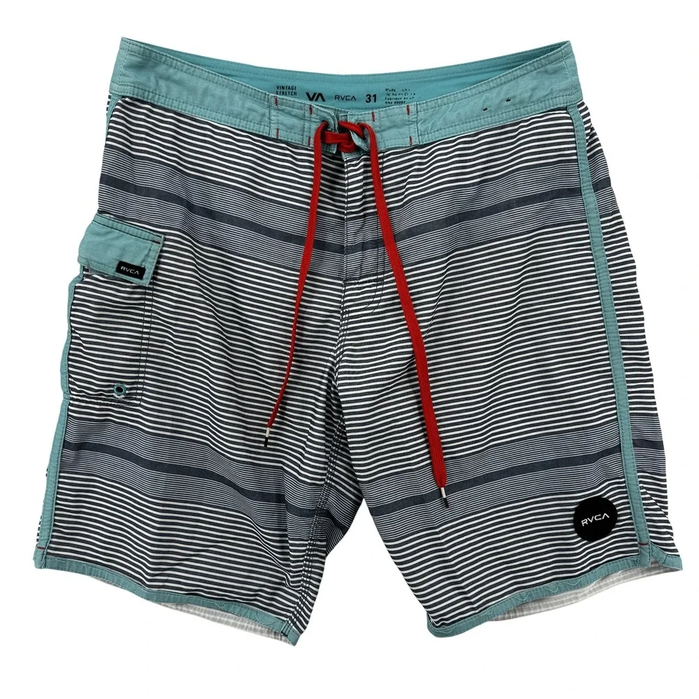 RVCA‎ Board Shorts Mens 31 Blue White Striped Vintage Stretch Swim Trunks Surf